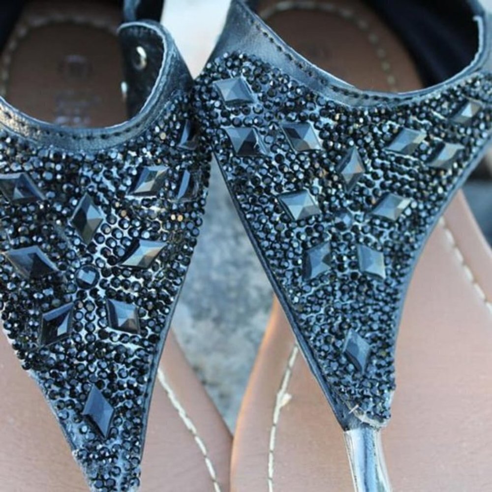 Black Thong Sandals Shoes Rhinestone Sparkle - Picture 4 of 6